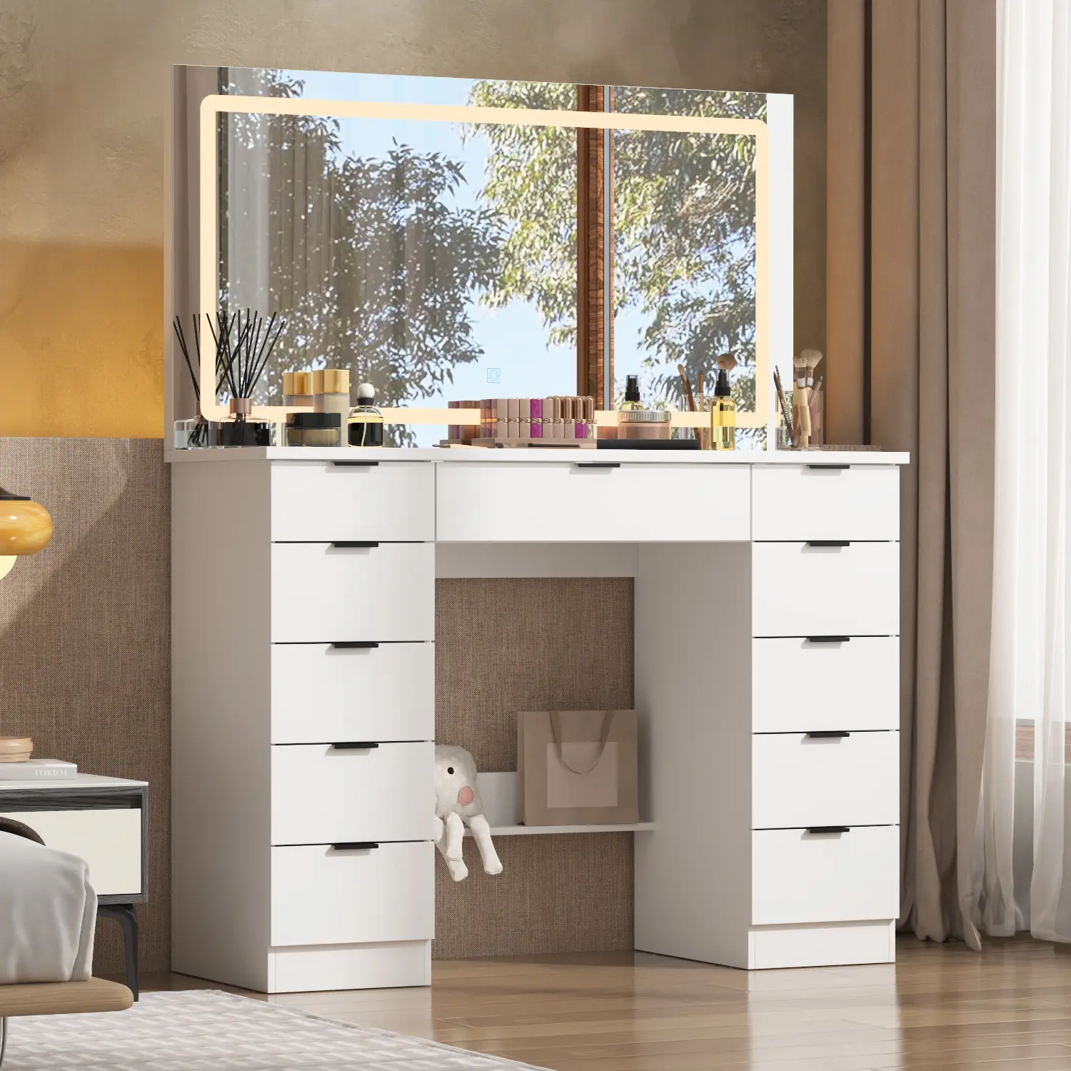 FUFU&GAGA Crystal Handle Makeup Vanity Glass Tabletop with Large Lighted Mirror, with 11 Drawers, Touch Control 3 Color Modes & Adjustable Brightness LED Strip Dressing Table