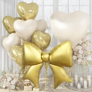 30 Inch Gold White Balloons, Large Bow Foil Balloons, 10Pcs 38" Giant Pastel Gold Bow-knot Balloon with 18" Cream Heart Shape Helium Balloon Set for Birthday Wedding Engagement Graduation Baby Shower