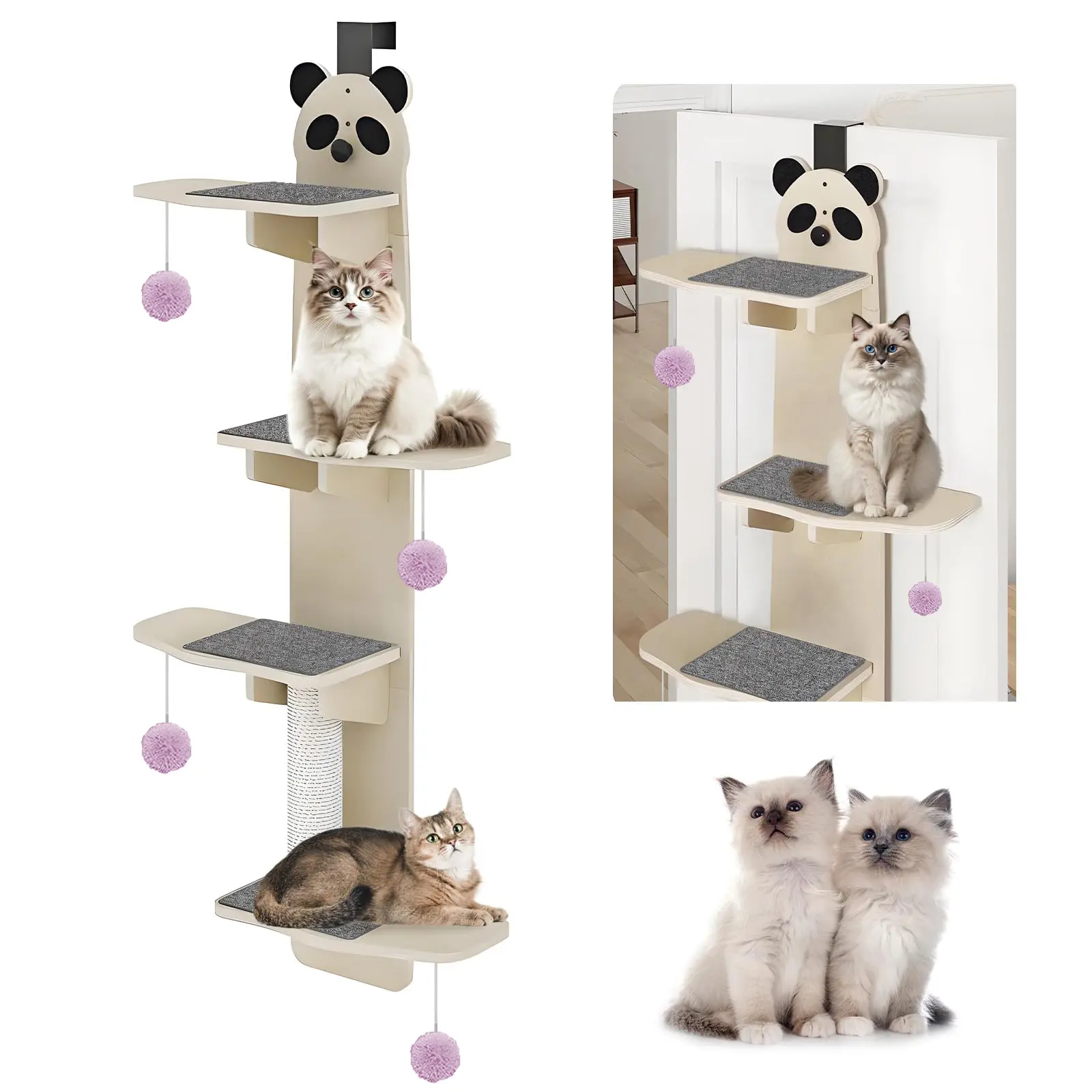 Door Hanging Cat Tree,Door Hanging Cat Shelf with Soft Mat,4-Levels Over The Door Cat Climber for Indoor Cats