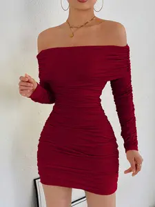 Elegant Women's Off-Shoulder Long Sleeve Bodycon Dress, Ruched Design, Fashionable Spring & Fall Wear, Stylish Ladies' Clothing, Elegant Party Dress