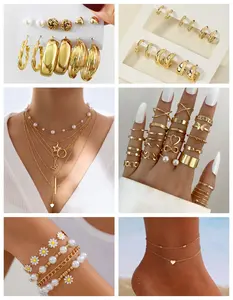 【54 pcs of Jewelry Set】Gold Plated Jewelry Set with 4pcs of Peadant Necklace, 4pcs of Bracelet, 24pcs of Earring, 2pcs of Anklet, 20pcs of Ring for Women Girls Valentine Anniversary Birthday Friendship Gift, Butterfly,Heart,Faux Pearl, Flower, Heart