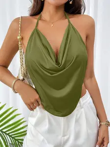 Halter Neck Draped Backless Crop Top for Women.Pure & Alluring, French Lazy Chic, Y2K Style.Perfect for dates, vacations, parties, nightclubs, summer outings, casual socials, afternoon tea, music festivals and more