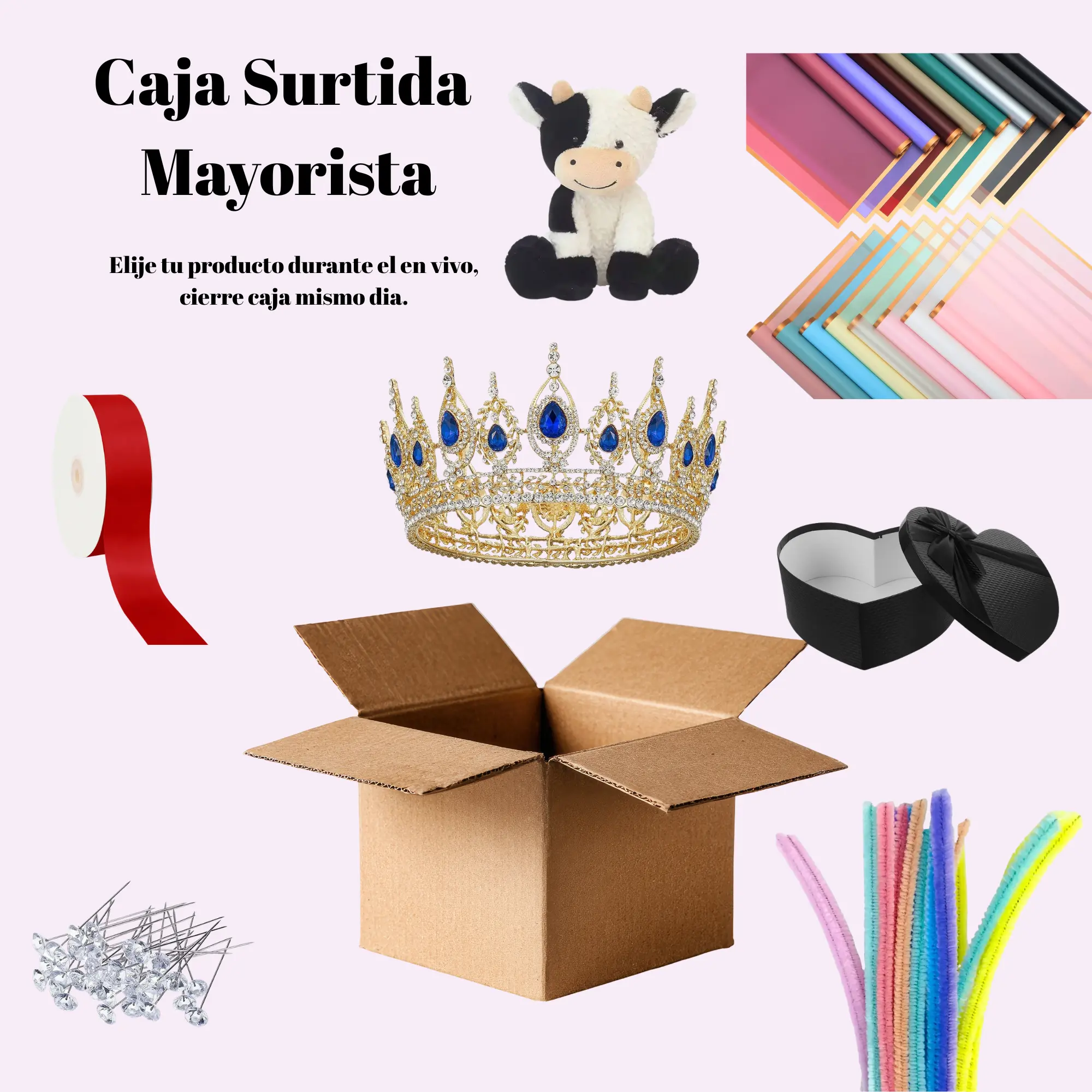 Wholesale Floral Supplies Box- crowns, Korean paper, ribbon, pins, mesh, limpiapipas