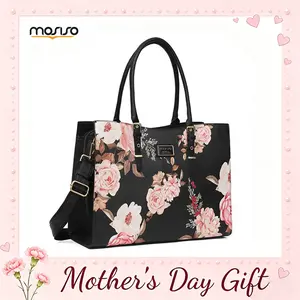 【Mother's Day Gift】MOSISO Peony Floral Laptop Tote Bag for Women 15.6-17.3 Inch Waterproof PU Leather with Adjustable Handle Shockproof Compartment Large Capacity for Business Office School Travel