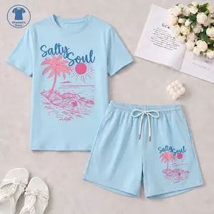 Women's Tropical Beach Graphic Print T-Shirt and Shorts Set, Casual Summer Two-Piece Outfit with Palm Tree and Wave Design for Vacation and Daily Wear