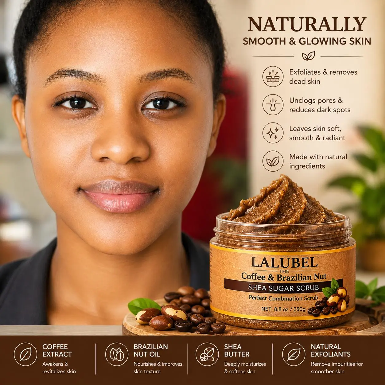 Lalubel Gentle Brazilian Nut Body Scrub with Shea Butter, Hydrating Polish for Glowing Skin, Knees & Heels, 8 oz, Nourishing, Radiant Skin, Smooth Skin Routine