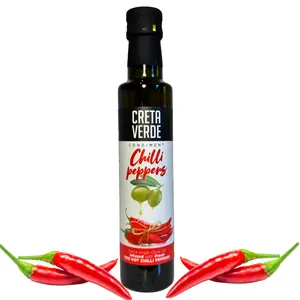 Creta Verde Chili Pepper Infused Extra Virgin Olive Oil – Greek EVOO with Fresh Red Hot Chili Peppers, 100% Natural, No Additives, Gourmet Finishing & Cooking Oil, 250ml Glass Bottle