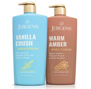 Jergens Shea Fusion Body Lotion Dual Pack, Moisturizer with Shea Butter and Vitamin E, Vanilla Crush 14 fl oz and Warm Amber 14 fl oz, Pack of 2