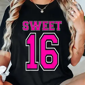 100% Cotton Hot Pink Sweet 16 Girls 16th Birthday Party Jersey Six T-Shirt Women'S Men'S Graphic Tee Causal Tops
