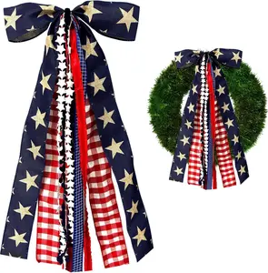 [4th of July] Large Patriotic Ribbon Bow for Wreath - Red White & Blue Star Sash Decoration for Front Door & Porch - Clip-On Memorial Day Decor