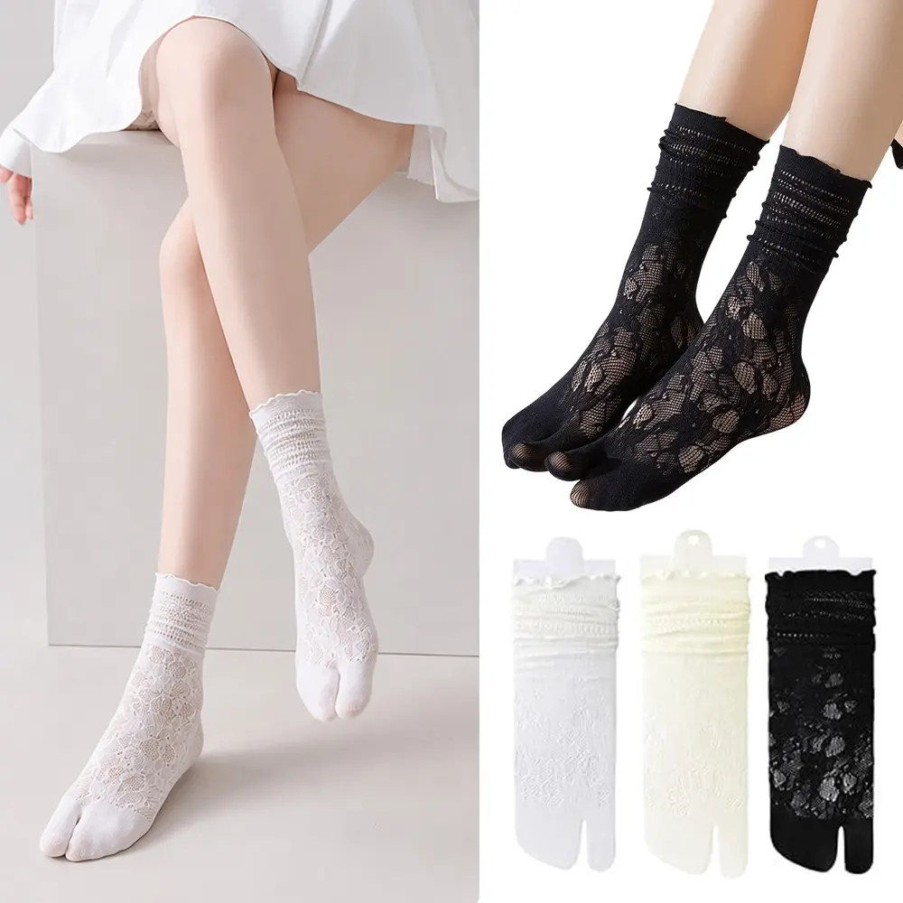 3 pack Women Ankle Split Toe Socks Ruffle Frilly Sports Casual Sock Japanese Toes Separated Socks Lace Tabi Socks for Women Daily Wear