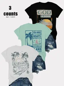 Breathable Casual Streetwear T-Shirt, Loose Fit Round Neck Design, Tropical Coconut Tree Sunset Print, Daily Wear Fashion Comfort Top, 3 Pack, Day