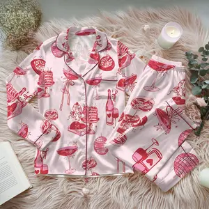 Wedding Cocktail Girl Satin Pajama Set Retro Disco Party Loungewear Bow Detail Cute Wedding Sleepwear Outfit for Women Beach and Vacation Vibes