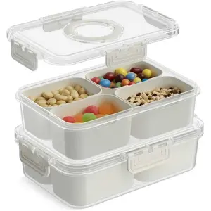 Snackle Box Container, Upgrade Dishwasher,Safe Snack Box for Adult , 4 compartments Plastic Divided Serving Tray with Lid and Handle for Candy, Fruits, Snacks, Nuts,Small,White,2 Pack