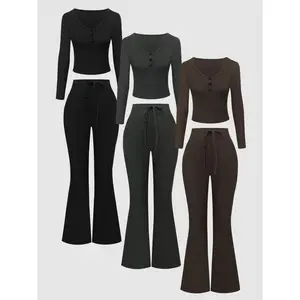 Women'S Solid Color Button Front V Neck Top & Drawstring Waist Flare Leg Pants Set, Casual Long Sleeve Top & High Waist Bell Bottom Trousers, Y2K Clothing Sets, Ladies Clothes for All Seasons