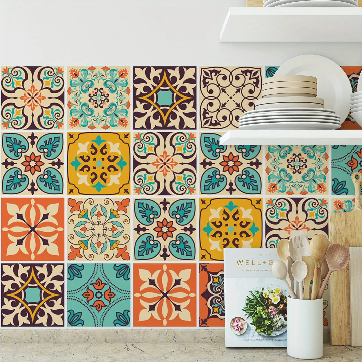 Bohemian Self-Adhesive Wall Sticker 30pcs Floral Pattern Peel and Paste Waterproof for Living Room Kitchen Bedroom Tile Decorative Mandala Decals 4x4 English