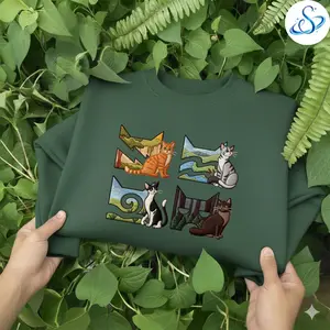Warrior Cats Inspired Embroidered Sweatshirt, Scenic Landscape Cat Crewneck, Forest Clan Aesthetic Pullover, Bookish Cat Lover Gift, Minimalist Animal Embroidery Shirt, Nature Cat Apparel, Cozy Reader Outfit, Fantasy Cat Sweatshirt, Unisex Crewneck