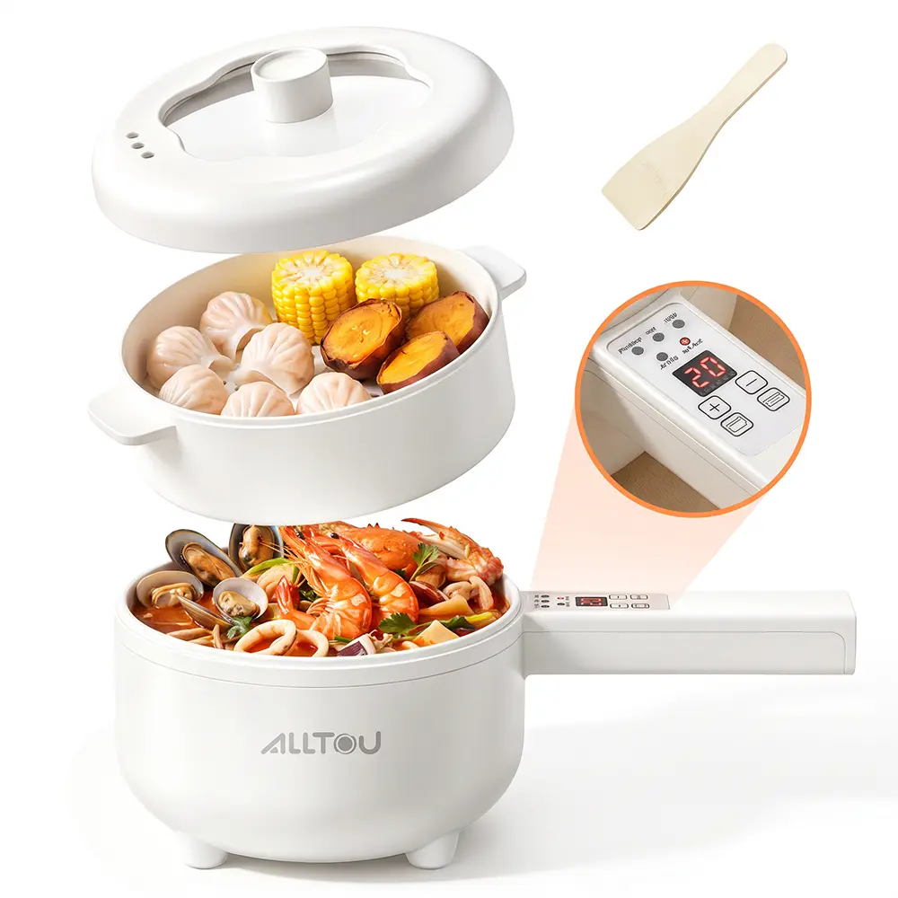 Alltou Multifunctional Electric Hot Pot, 2L(1.5L + 0.5L) 2-Tier Ceramic Glaze Non-Stick Cooker, 5 Cooking Modes, 8 Heat Levels & Preset Function, Portable Hot Pot for Ramen, Soup, Stir-Fry & Dorm
