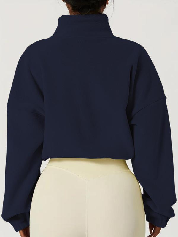 Women's Cropped Zip-Up Jacket - Fleece Casual Top with 'ADA' Print for Daily & Leisure. Adjustable Drawstring Waist Jacket in Navy/Beige/Black Winter Fashion Clothing