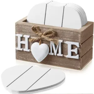 Wooden Heart Coasters Set of 6 with Holder, Funny Farmhouse Design for Coffee Table Protection, Perfect Housewarming Gift for New Home Decor