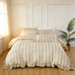 3-Piece Khaki Striped Ruffled Duvet Cover Set (1 Duvet Cover Without Insert + 2 Pillowcases Without Inserts), Comfortable & Machine Washable, Cozy Bedroom Essential, Ideal Gift.