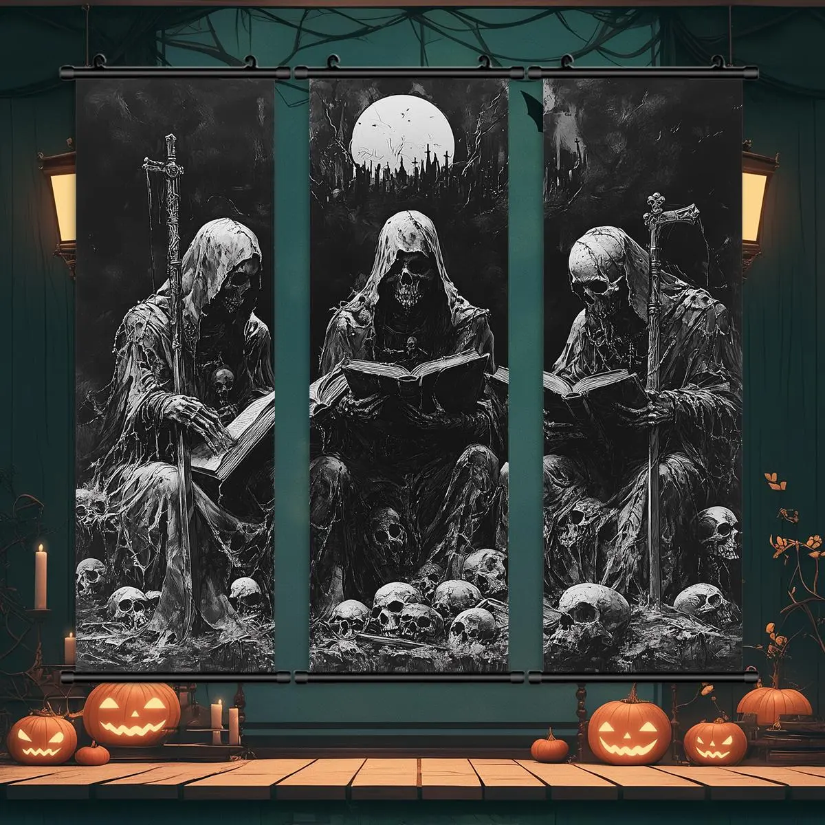 Halloween Hanging Banner, Decorative Banner, 3 Counts/set Creepy Dark Skull Poster, Scary Posters, Halloween Decorations, Yard Decorations, Room Bedroom Decoration