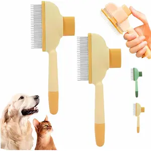 2pcs Cat Comb Dog Comb Pet Hair Removal Tool Flea Comb for Cats and Dog Lice Comb Cat Brush with Release Button Self-Cleaning with Long & Short Stainless Steel Metal Teeth for Shedding