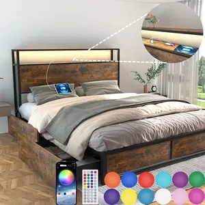 LED Bed Frame with Storage Charging Station & Led Lights, Platform Bed Wood Metal Bed Frame with 4 Storage Drawers and Headboard, No Box Spring Needed, Easy Assembly, Noise-Free