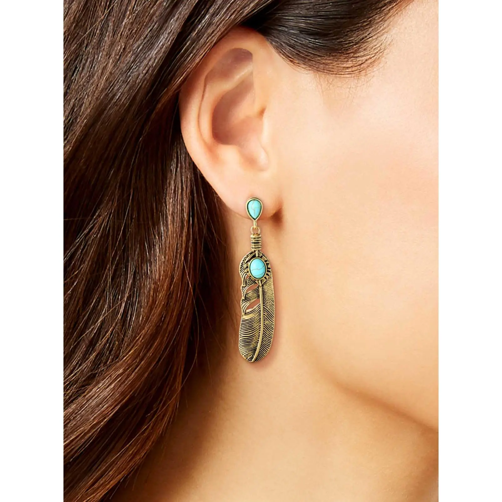 Turquoise Stone Feather Drop Earrings