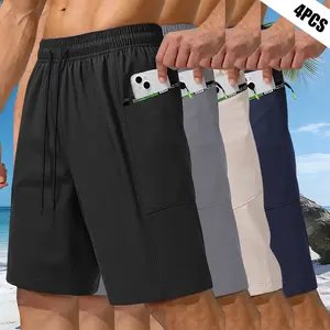 Men’s fashion shorts 4-pack, minimalist design, versatile style, zippered pockets, suitable for everyday outings, relaxing at home, urban strolls and short trips, casual wear, outdoor activities, jogging, and commuting.