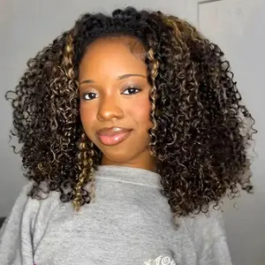 [3-IN-1 HALF WIG] OQ HAIR Highlight Brown Kinky Curly Wear Go Half Wig Invisible Hairline Seamless Flip Over Wig Beginner Friendly Drawstring Glueless Human Hair Wigs