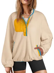 Women's Oversized Fuzzy Fleece Sherpa Pullover Color Block Button Sweatshirt Jacket