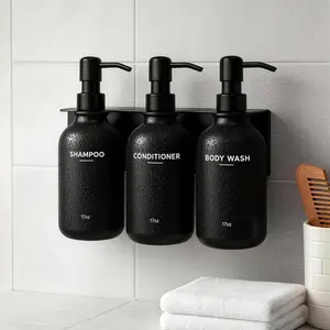 KLL Drill-Free Shower Dispenser Set of 3, 17oz Black Wall Mounted Shampoo Bottles with Stainless Steel Pump, Waterproof Labels & Soap Holder, Refillable Plastic Pump Bottles for Bathroom RV Gym