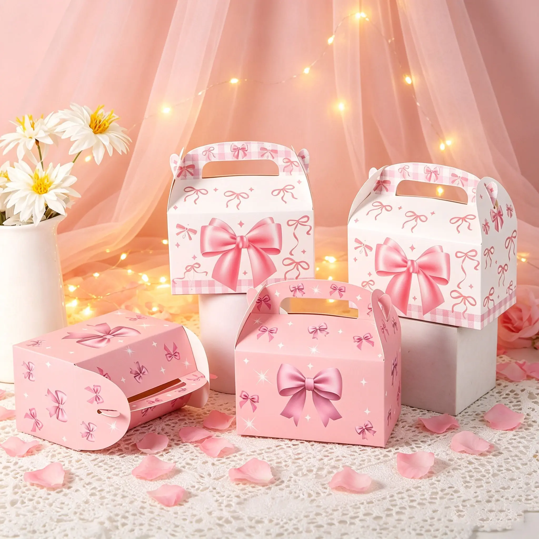 24 Bow Print Party Gift Boxes, Cute Handle Snack Box, Treat Boxes, Cute Packaging, Ideal for Girl Birthday, Wedding, Baby Shower, Afternoon Tea, Singles Day