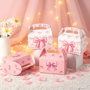 24 Bow Print Party Gift Boxes, Cute Handle Snack Box, Ideal for Girl Birthday, Wedding, Baby Shower, Afternoon Tea, Singles Day