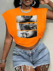 Women's Round Neck Cigarette Print Casual Sleeveless Cropped Tank Top Crewneck Top for Daily Wear, Ladies Clothes for All Seasons, Womenswear