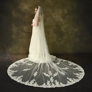 [Handcrafted Detail] Elegant Handmade Lace Bridal Veil with Comb - Romantic Floral Design, Long Train, Perfect for Wedding Photography and Ceremonies, Nylon Material, White, Bridesmaid Gifts