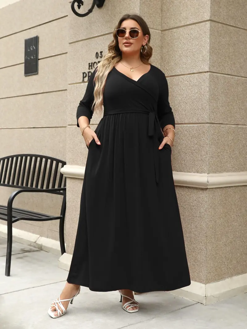plus size dress to wear to a fall wedding Plus Size 3/4 Sleeve Ruffle Deep V-Neck A-Line Midi Wedding Guest Dress main image 0