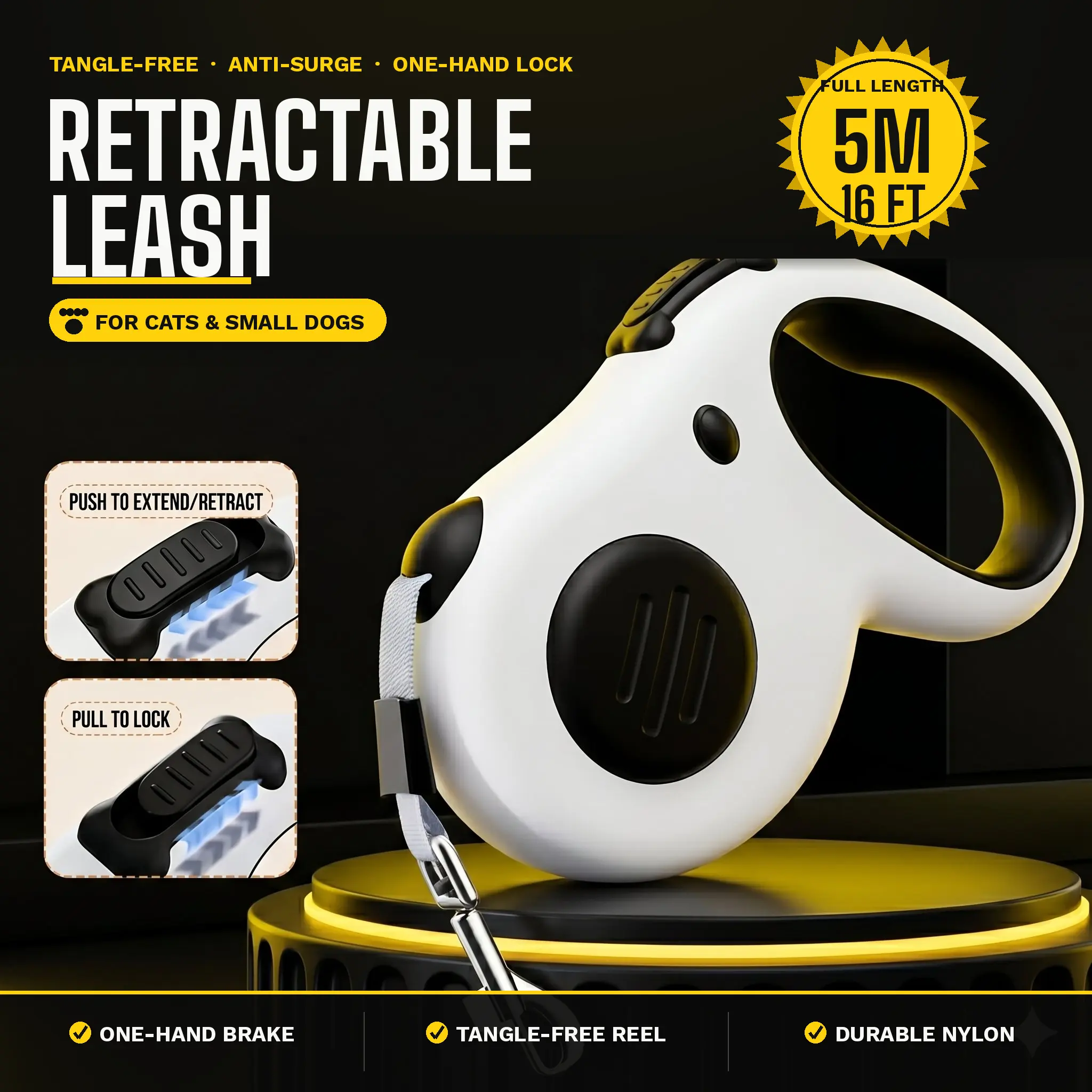 Retractable Cat Leash 16ft, One-Click Lock Smooth No-Jam Extending Lead, 5 Meter Tangle-Free Walking Leash for Cats and Kittens