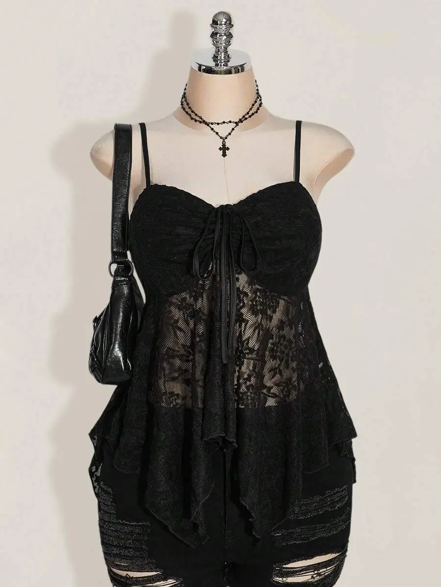 ICON Plus Size Front Drawcord Tie Bow Knot Camisole Tank Top, Asymmetrical Hem, Y2K Style, Suitable For Summer