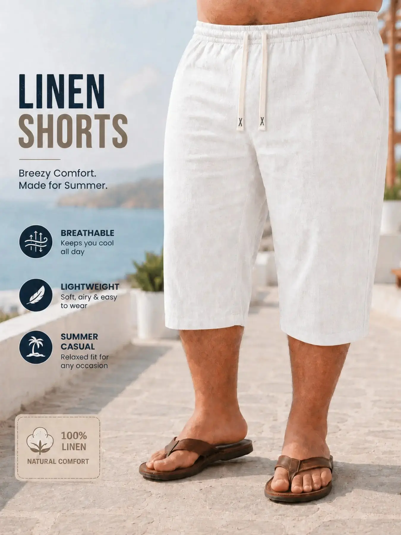 Large Size Men's Cotton Linen Casual Fashion Shorts, Drawstring Waist, Comfortable Summer Wear, Ideal for Daily Use and Outdoor Activities