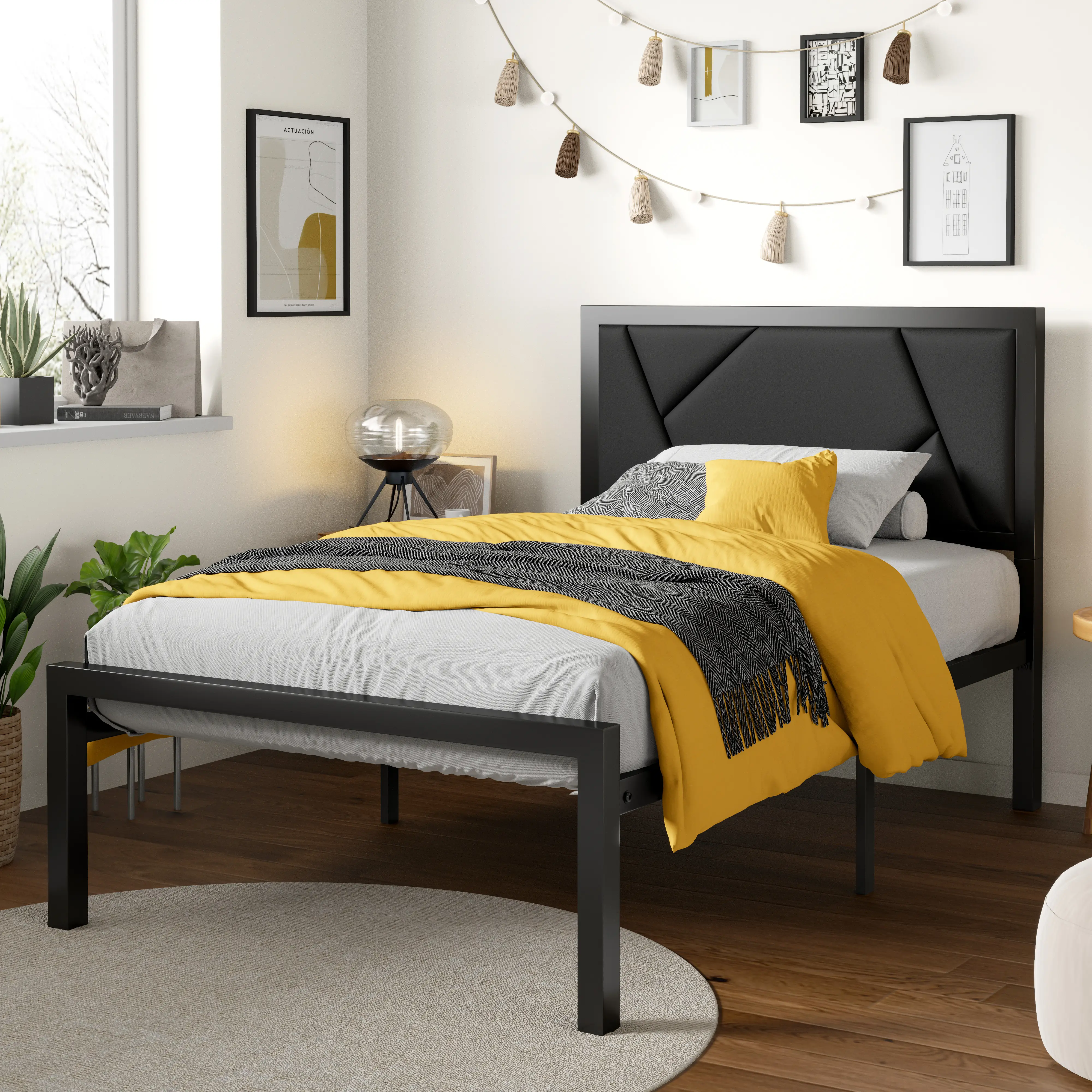 SHA CERLIN Modern Twin/Full/Queen Size Metal Bed Frame with Litchi Grain Leather Upholstered Headboard, 【Frame Only No Mattress】No Box Spring Needed,