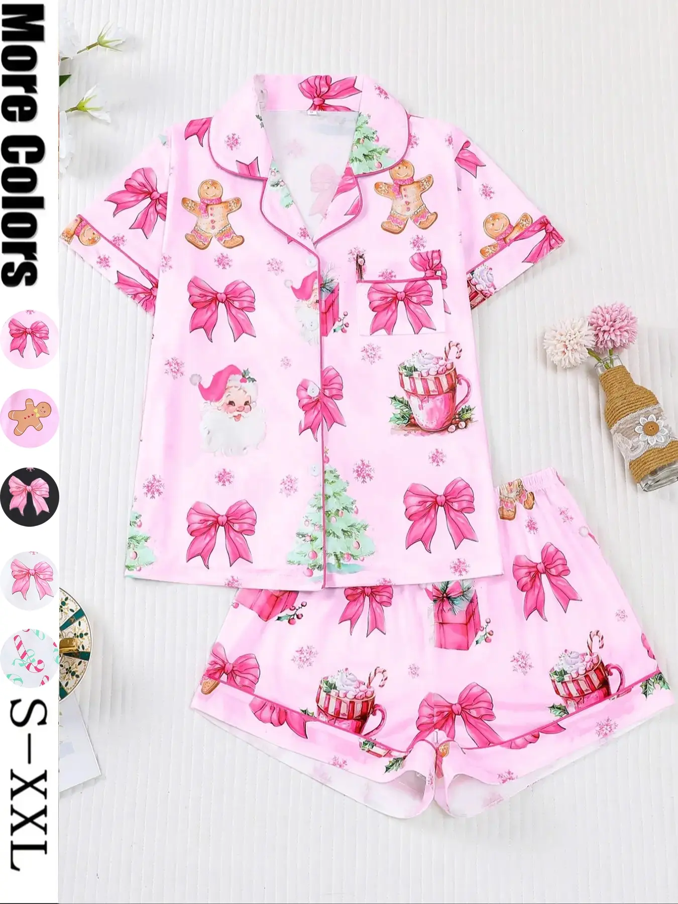 【Christmas】Women's Christmas Pajama Set, Santa Cookie Print, Short Sleeve Button-Up Top & Elastic Shorts, Casual All-Season Sleepwear，Christmas Pyjamas