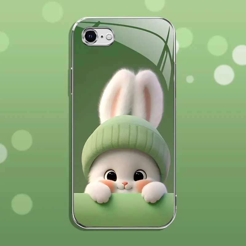 Light green rabbit panda for【iPhone Se 2】luxury electroplated glass mobile phone case --- 975