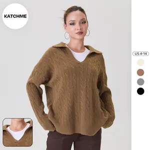 KatchMe Women's Slouchy V-Neck Long Sleeve Loose Cable-Knit Sweater, Comfy Ladies' Knit Clothing for Daily Wear, Cozy Fall & Winter Knitwear Top