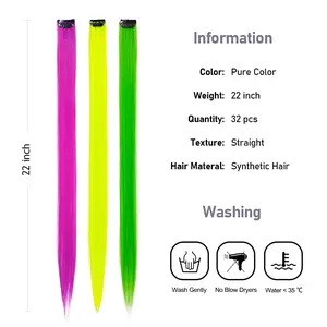 32Packs Colored Hair Extensions 20Inch Straight Color Clip in on Hair Extension Rainbow Party Highlights Synthetic Hairpiece for Girls