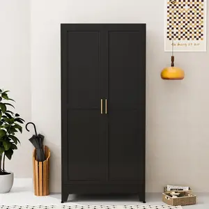 71" Metal Clothing Storage Cabinet – Hanging Rod + Adjustable Shelves – Black Armoire for Bedroom, Laundry Room, or Cloak Room White Large Glass Door Wardrobe Set