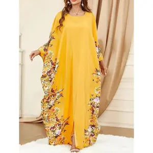 [Elegant Floral Print Kaftan] Elegant Batwing Sleeve Floral Print Kaftan Abaya - Crew Neck Split Maxi Dress - Women's Clothing