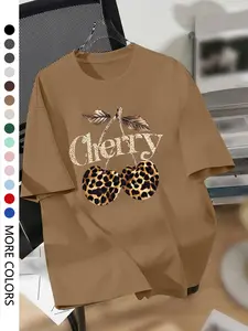 Women's Leopard Cherry Print Round Neck Short Sleeve Fitted Feminine T-Shirt, Comfortable Everyday Casual Wear, Perfect for Spring & Summer, Multiple Colors Available