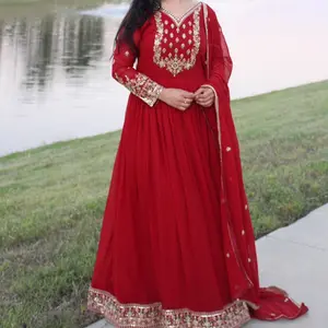 Red Anarkali Dress with Intricate Gold Embroidery and Matching Dupatta for Festive Occasions